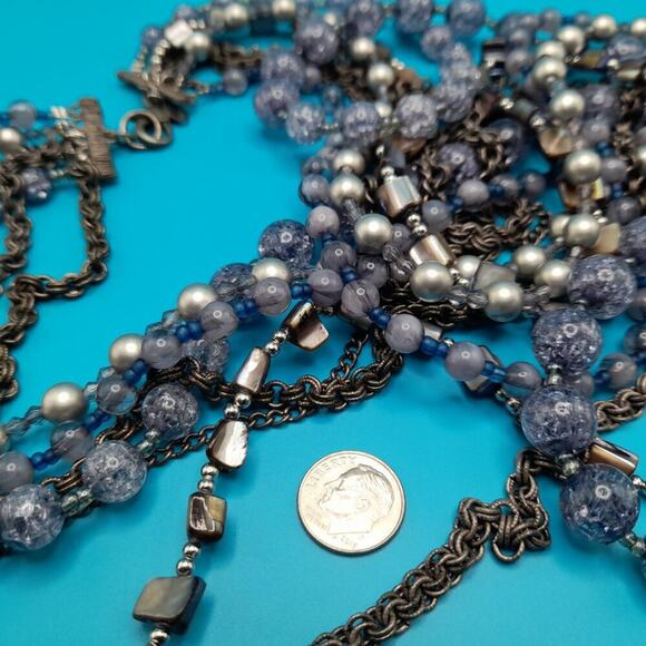 Chico’s Layered Beaded Necklace Silver Tone Glass Pearl Shell 7 Strands 30” - Picture 12 of 15